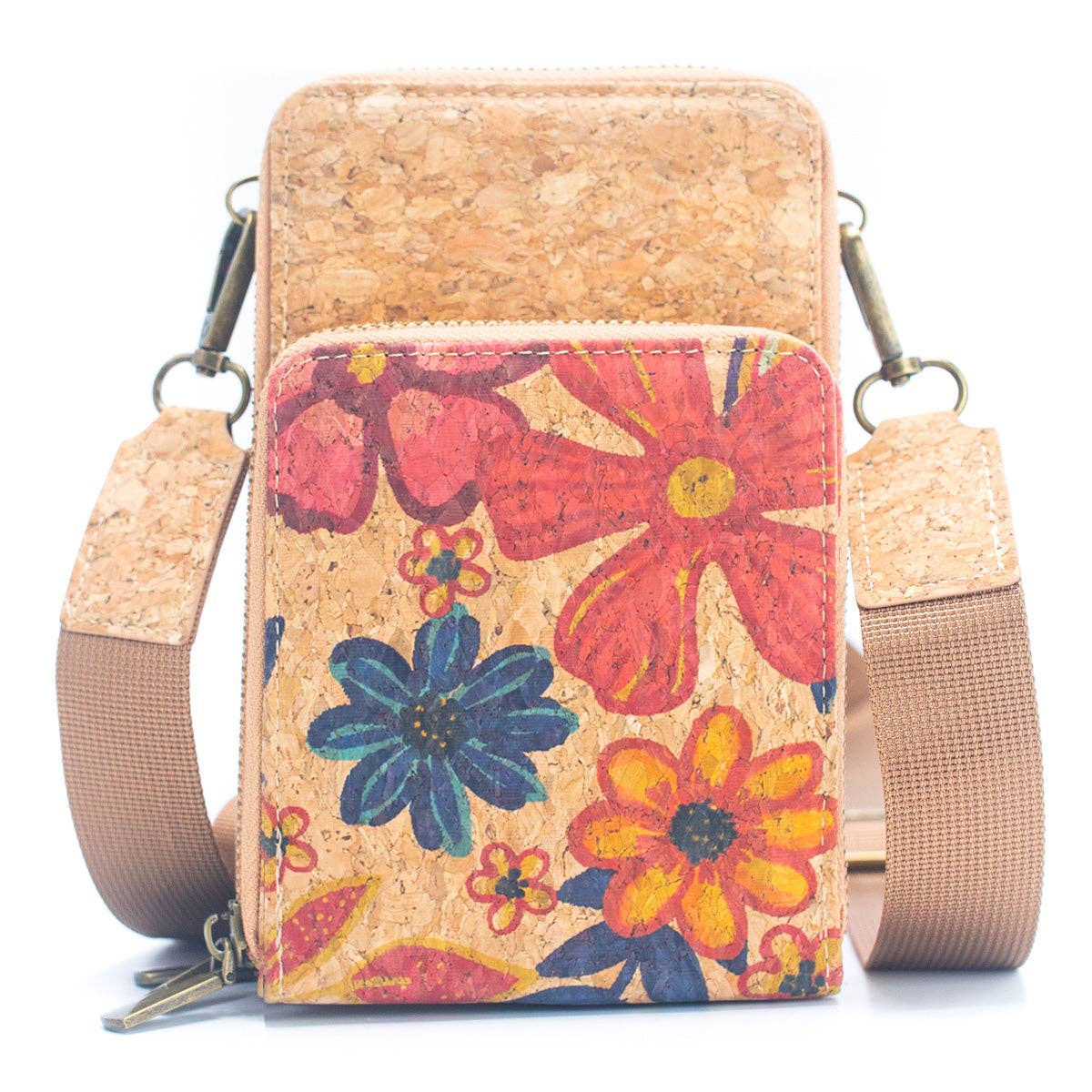 Natural Cork Women's Crossbody Phone Bag with Triple Zipper BAG-2241-5