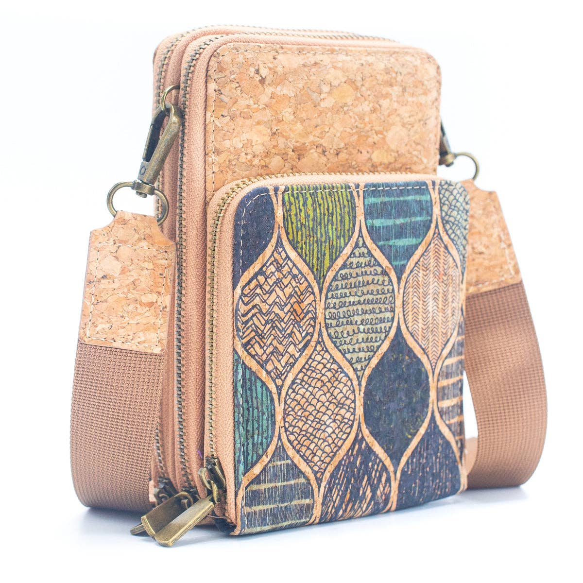 Natural Cork Women's Crossbody Phone Bag with Triple Zipper BAG-2241-3