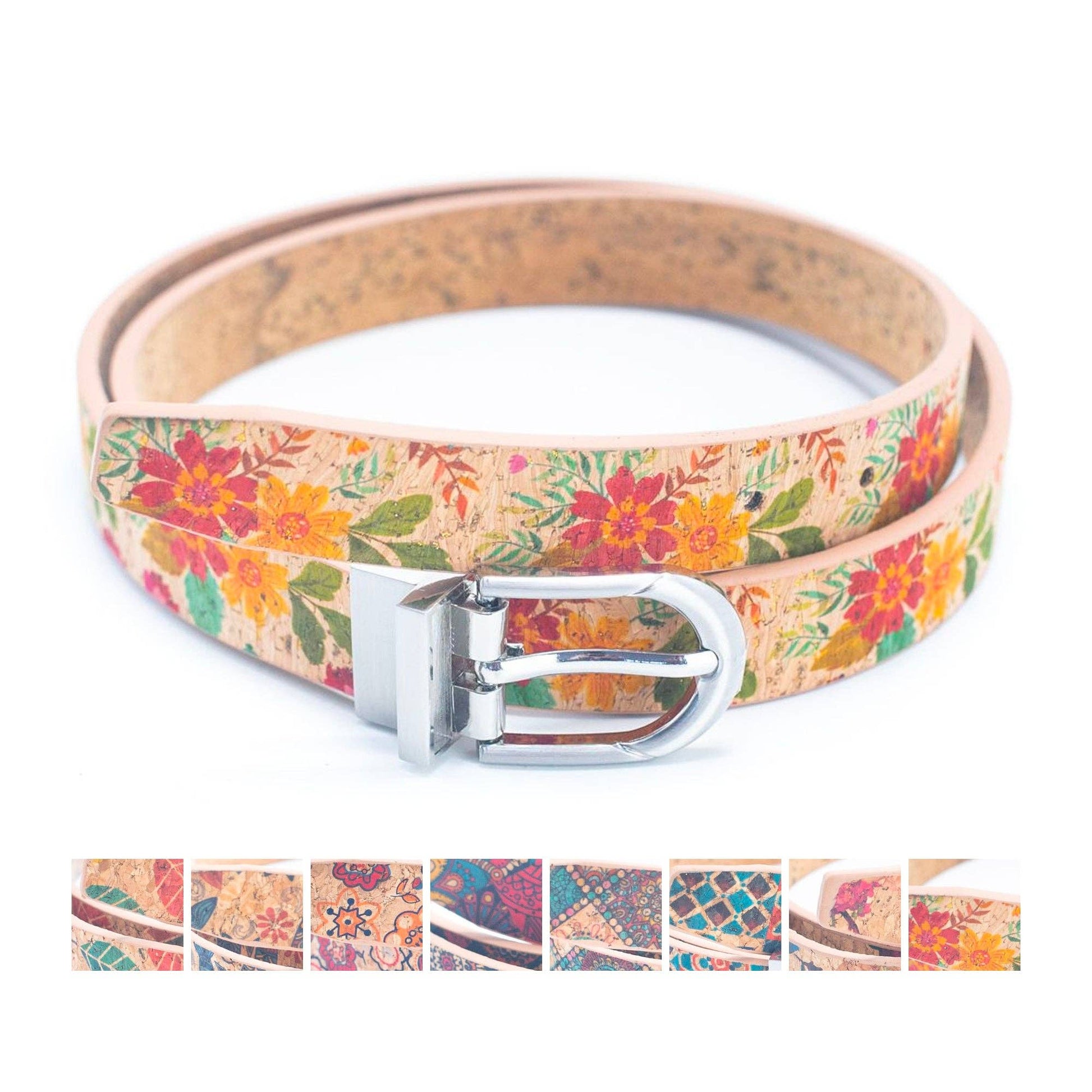 Floral Print Cork Women's Belt with Adjustable Buckle-Width L-898-0