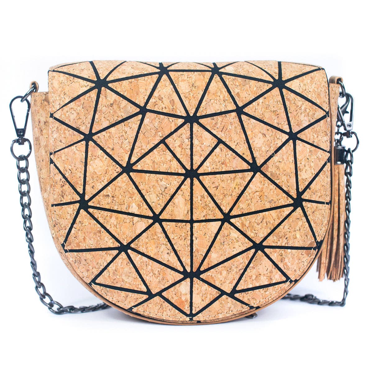 Geometric Patterned Cork Crossbody Bag with Irregular Half-Moon BAG-2264-0