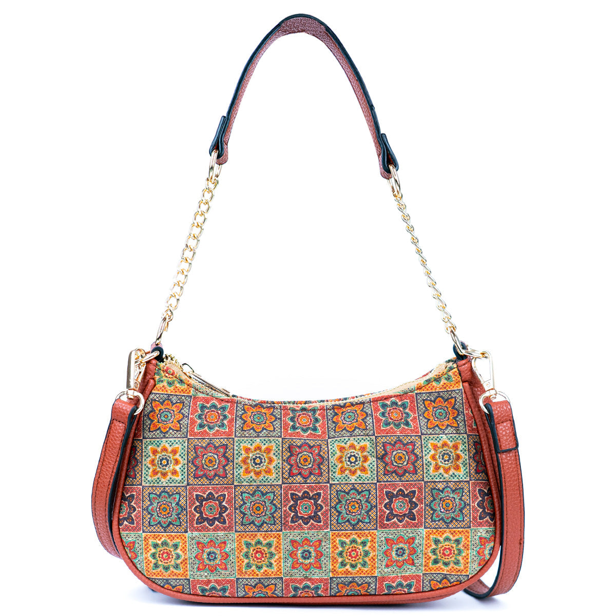 Bohemian Chic Printed Cork & Brown PU Leather Crossbody Bag BAG-2336-2