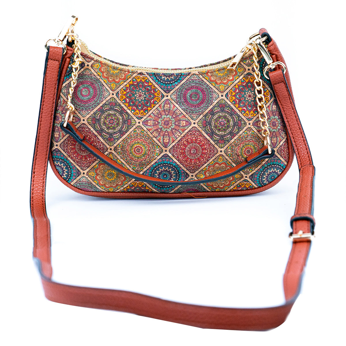 Bohemian Chic Printed Cork & Brown PU Leather Crossbody Bag BAG-2336-4