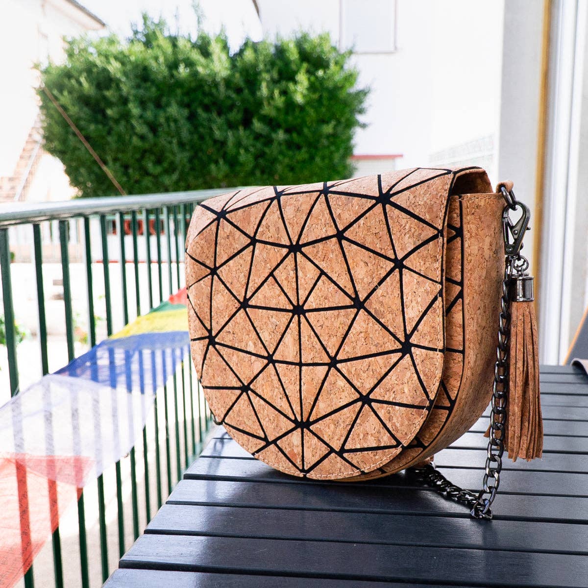 Geometric Patterned Cork Crossbody Bag with Irregular Half-Moon BAG-2264-2