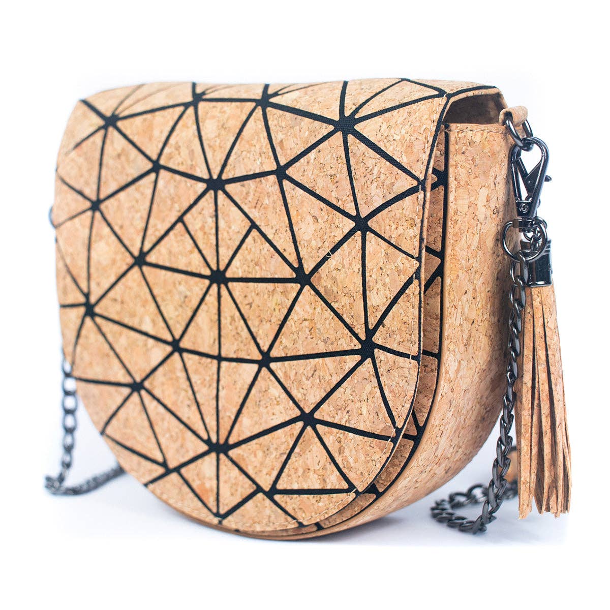 Geometric Patterned Cork Crossbody Bag with Irregular Half-Moon BAG-2264-8