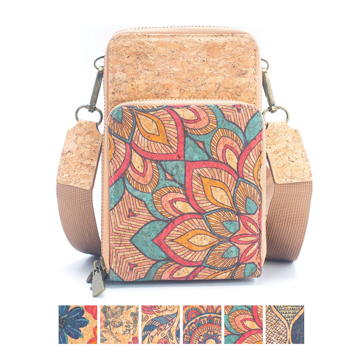 Natural Cork Women's Crossbody Phone Bag with Triple Zipper BAG-2241-0